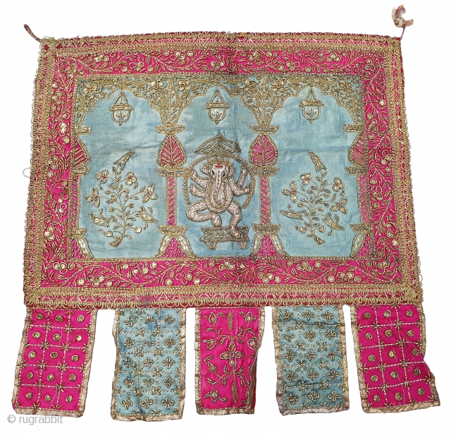 Ceremonial Temple Hanging Toran (Wall Decoration) From Northern India. India. Real Zari  Zardozi Embroidery on Silk With real Zari Gota work Fringed. Showing the Lord Ganesh with Kalap Virishak (Tree).C.1900. Its  ...