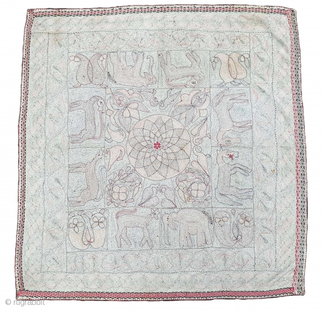 Rare Folk Kantha Quilted and embroidered cotton Kantha Probably from West Bengal region of India, India.C.1900. Its size is 86cmX87cm (20210102_152225).            