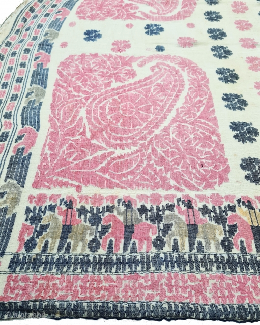 Figurative Pattern Rare Jamdani Finest Muslin Cotton Saree, In Figurative Style, Showing the British Soldiers with Horse Riding in the Borders.
From Dhaka District of Bangladesh. North-East India. India. 

Jamdani was originally known  ...