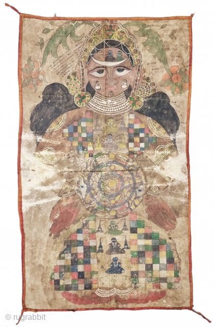 Jain Cosmology Painting of Lok Purush From Gujarat India.Hand Painted on the Cotton.The drawing is not just a painting for the sake of art. It contains deep explanations of Jain cosmology using  ...