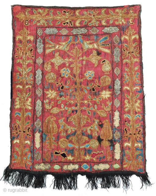 Indian Floral Embroidery Tree of life Design Wall Hanging. Cotton And Real Zari Embroidery Work on the Cotton Ground.
From  the Deccan Region of South india.
19th century.
Its size is 67cmX87cm (20220113_154840).  