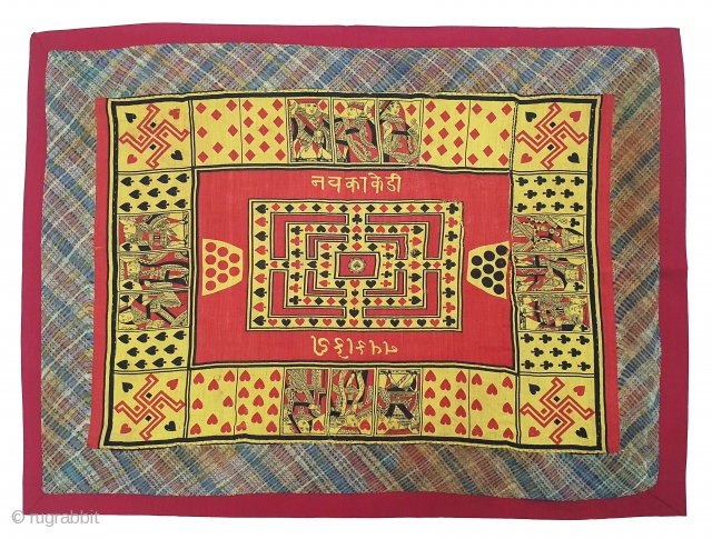 Playing Card Game On the Manchester Print, Used as Chakla (Wall Hanging) From Manchester England made for Indian Market. India. Roller Printed on Cotton. C.1900. Its size is 52cmX70cm (20210123_165024).   