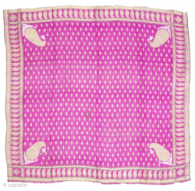 Zari (Real) Brocade Woman’s Rumal Silk weave with discontinuous supplementary weft of silver and gold thread. A field of small Paisley botehs  framed by a border of diagonal stripes with four large Paisley  ...