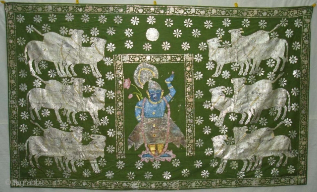 Painted Pichwai For Gopashtami (Cow Festival).
Opaque Polychrome Water Colours  with Gold and Silver on Green Cotton. Its Size is  95cm X 155cm.
(DSC08607)
         