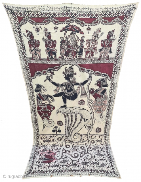 Kalamkari Of Krishna Lila, Showing the Epic Story of Kaliya Mardan.
Hand-Drawn, Mordant- And Resist-Dyed Cotton, From Masulipatnam or Madurai South India. India. c.1850-1870. Its size is 112cmX216cm.
Once a huge black serpent called  ...