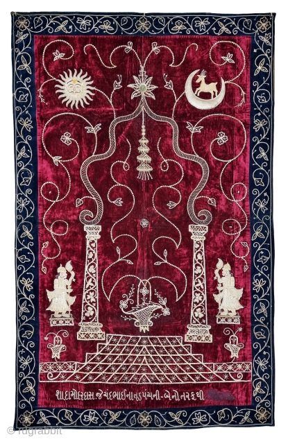 A Rare Jain Temple Hanging, From Gujarat in Northwest India. India.
Its size is 102cmX162cm.
Weight is 1 Kgs 410 Gm
C.1900.- 1945.
This form of embroidery is called zardosi work. A Maroon  velvet cloth has been densely  ...