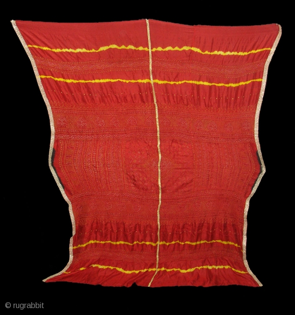 Tie and Dye Silk Odhani(Bandhani)From Kutch Region,Gujarat,India,19th c.Condition is good.Its size is 140cmx170cm(DSC08093New).                    