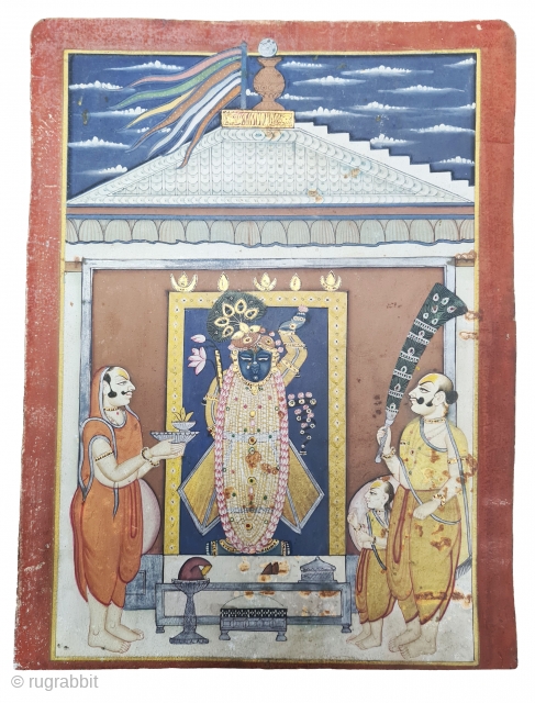 Miniature Painting of  Mangla Darshan of Shrinathji, From The Nathdwara of Rajasthan. India.

Mangala Darshan  First darshan of the day. Lord, having woken up, has just had His breakfast and greets  ...