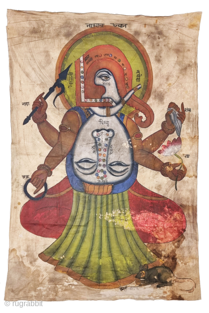 Tantrik or Cosmology Painting of Ganesh  From Rajasthan India. Hand Painted on the Cotton.
The drawing is not just a painting for the sake of art. 

C.1900 - 1930.

Its size is 110cmX166cm  ...