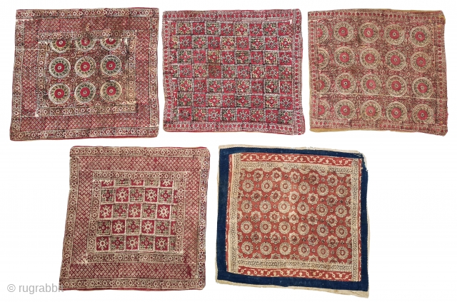 Ceremonial Block Print Cushions , 
Chintz Kalamkari Wood Block And Hand-Drawn, Mordant- And Resist-Dyed Khadi Cotton, From Rajasthan India. India. 

C.1850-1900. 

Approx Sizes are 60cmX65cm(20220208_150756).        