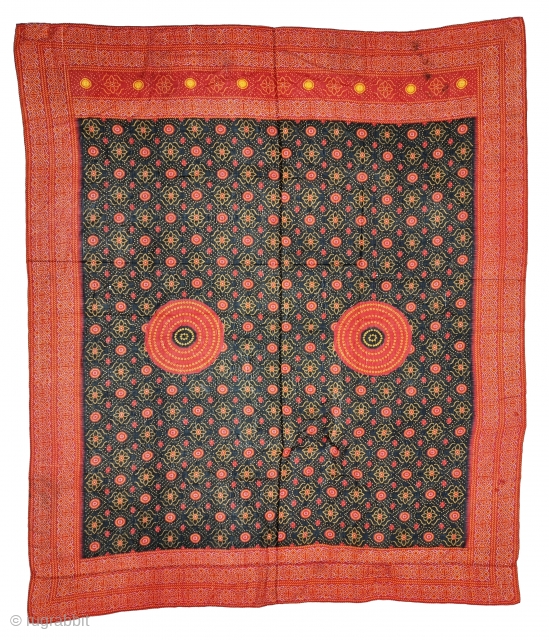 An Very Rare Ceremonial Tie and Dye Odhani (Dupatta). Tie and Dye Work on the Muslin Cotton with natural Dyes. From the Jamnagar  Region of Gujarat, India.  
C.1875-1900. 
Its size is 155cmX180cm (20230209_172447).   