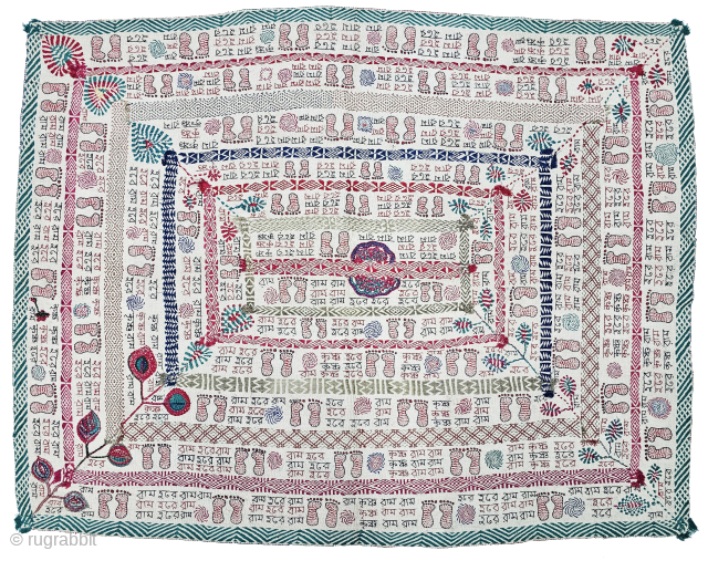 Rare calligraphy Kantha,
(Mansion As "Hare Ram Hare Ram Hare Hare, Hare Krishna Hare Krishna Hare Hare ")

Quilted and embroidered on the cotton with cotton embroidery, Probably from the Region of West Bengal  ...