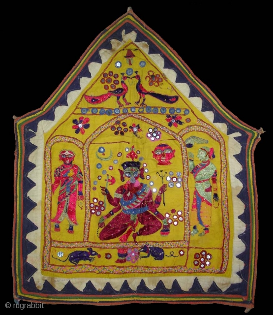 Ganesh Sthapana Wall Hanging From Saurashtra Gujarat.India.Used by the Kathi Darbar Family.Its size is 50cm x 62cm(DSC04012 New).               