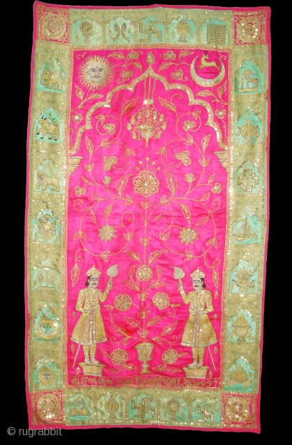 Mochi Bharat Embroidery of Gold and Silver zari work.Its Jain Ashatmangal and 24 Sapanas (Dreams)From Gujarat India.Its size is 90cmX157cm.Date is also Mention is the Piece.Very Rare Piece of Textile(DSC02538 New).  