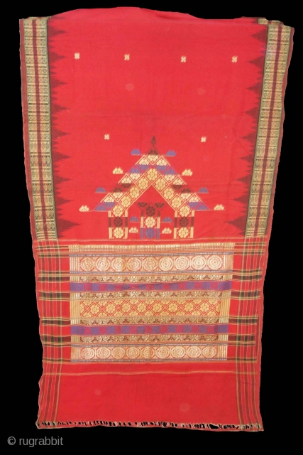 Temple Sari From Orissa, an eastern state India,on the Bay of Bengal.Sari is made of red cotton bordered by black stripes,the plain weave supplemented by bands of both warp and weft.Its size  ...