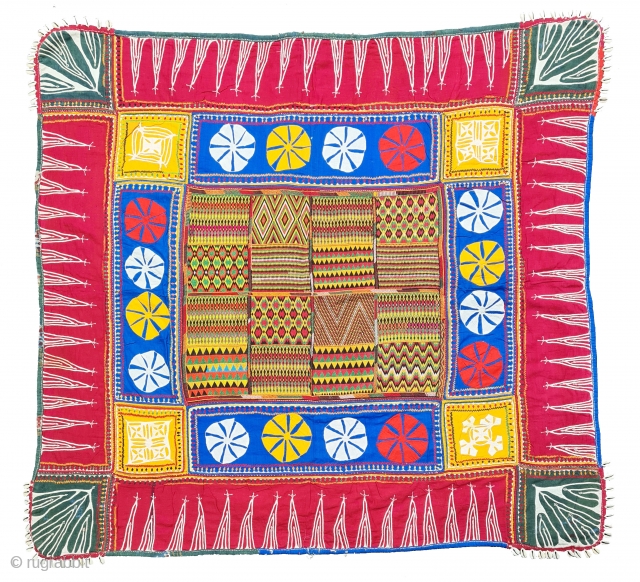 Ceremonial Banjara Baby Jolna From Madhya Pradesh. India. Known As Jolna.The Centre is worked in counted bricks stich, Framed with embroidery and applique work.
c.1900. Its Size is 87cmX93cm(20210220_180115).
     