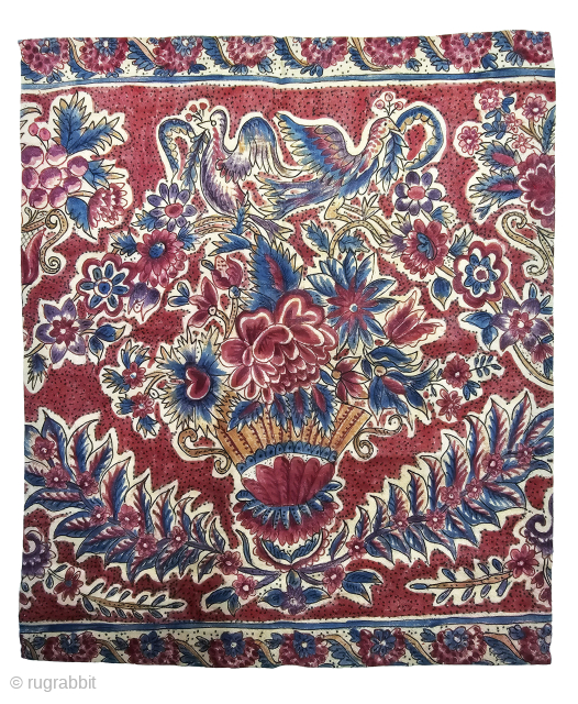 Palampore Floral Chintz Kalamkari , Hand-Drawn Mordant-And Resist-Dyed Cotton, From Coromandel Coast South India. India.

C.1825 - 1850.

Exported to the European Markets.

Its size is 27cmX32cm (20240213_201123).        