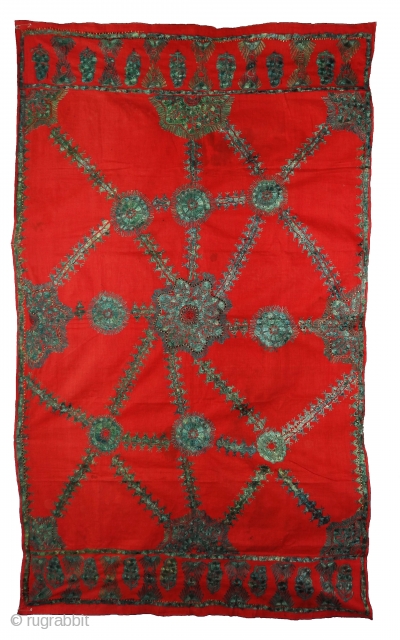 Abochhini Wedding Shawl from Sindh Region of Pakistan, India, Silk Embroidery on the Cotton, C.1900. Its size is 120cmX200cm(DSC02392).              