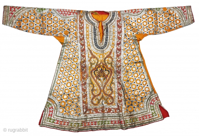 Ceremonial Kurta, Women's Costume, From Himachal Pradesh India. A Orange Kurta With Dazzling Embroidery using Gota and Coloured fabric Strips, Silk ground with Real Zari Gota Pati work And Real Zari Embroidery. 

Late 19th Century.

Its size  ...