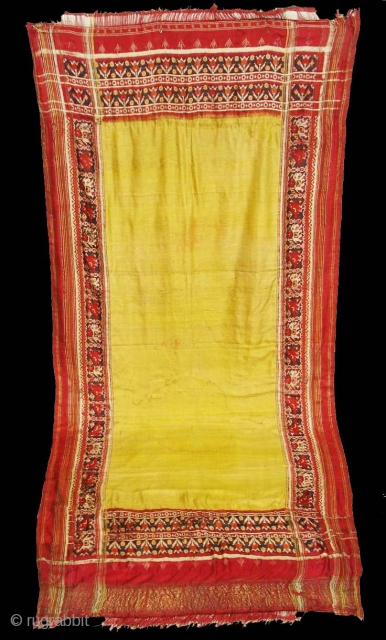 Patola Sari,Silk Double Ikat.Probably Patan Gujarat India. This Patola Uses one of the Rare designs.known as Paneter Yellow Patola. Its size is 128cmX285cm.Please Ask for more Detail Pictures(DSC07403 New).    