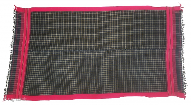 Waziri Shawl (Indigo Blue Colour With Yellow Stripe Design) for Man From Waziristan, Pakistan. India.C.1900.Natural Dye with Hand Woven Cotton and silk ends,with silk end borders.Its size is 116cmX214cm. Very nice in  ...