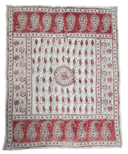 Kalamkari  from South India. India. Made for Export Market, Printed on Khadi Thick cotton with Kery Design, Late 19th Early 20th Century. Its size is 142cmX180cm (20200304_143159).      