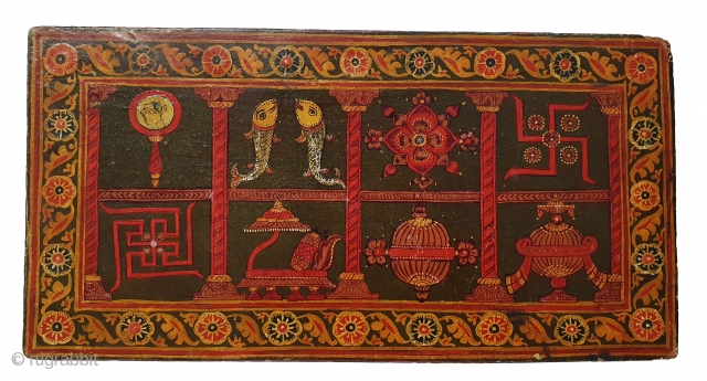 Sutra Book Cover An Jain KalpSutra Subject,Painted on Wooden, Showing When Mahavir was born his mother Trishala, During her pregnancy,Mother was believed to have had a number of auspicious dreams, all signifying the coming of  ...