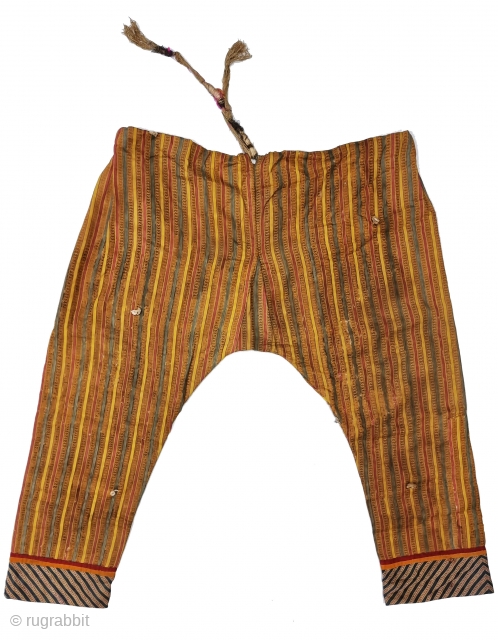 Ikat Mashru Trouser (Ejar) From Deccan, India. This Mashru weaving is done in Deccan, Probably Hyderabad South India, Its Silk And Cotton Ikat with Stripes.

C.1875-1900.

Its size is L-80cm,W-106cm (20230306_163913).    