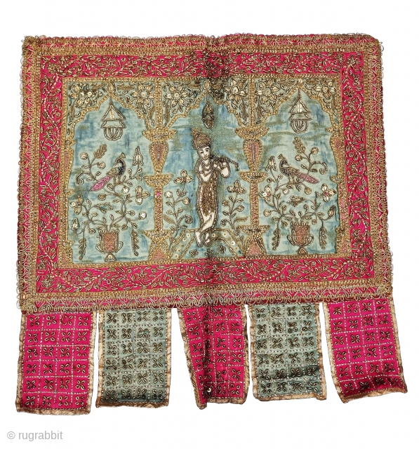 Ceremonial Temple Hanging Pichwai Toran (Wall Decoration) From Northern India. India. Real Zari Zardozi Embroidery on Silk With real Zari Gota work Fringed. Showing Krishna ,Kalap Virishak (Tree) with Peacock.

C.1900.

Its size is  ...