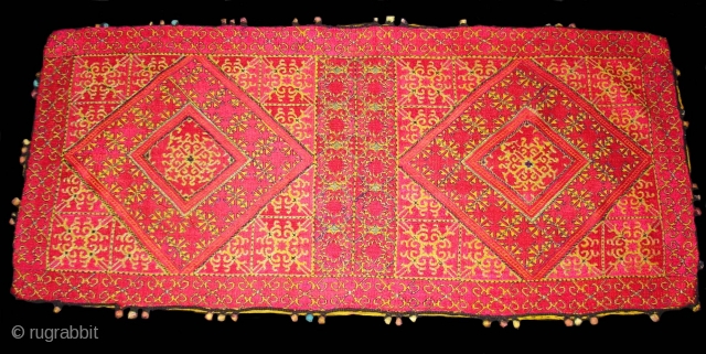 Pillow-Cover,Swat Valley(Pakistan).Cotton embroidered with floss silk.with woollen Braiding and Tassels.Its size is 38cm x 83cm(DSC02786 New).                 