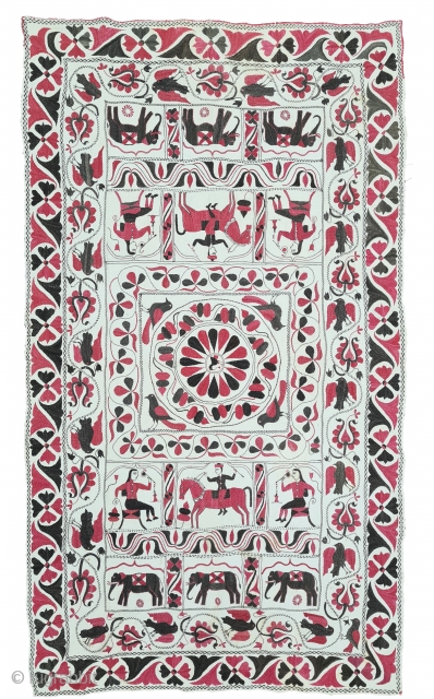 A Very Fine Kantha Quilted and embroidered Cotton Kantha. c. 19th century. 
With the use of two colors black and red, the rectangular textile is divided into various registers and niches, similar  ...