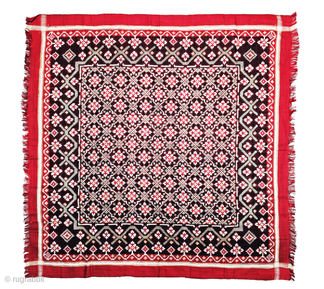 A Rare Design Patola Rumal, Silk Double Ikat, probably Patan, Gujarat, India.

A fine and rare Silk Double Ikat Patola Rumal from the celebrated weaving tradition of Patan, Gujarat, dating to the late  ...