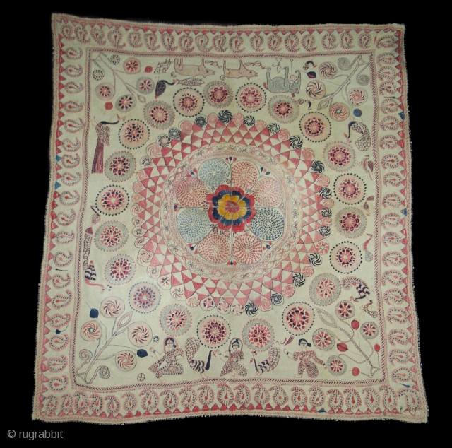 Kantha Quilted and embroidered cotton Kantha Probably From Jessore District of East Bengal(Bangladesh)region.India.Its size is 72cmX80cm(DSC01760 New).                