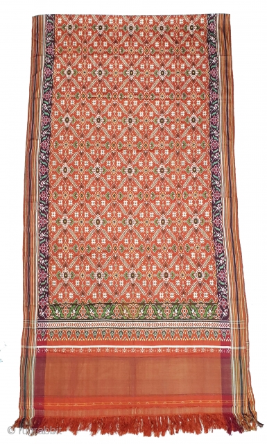 Patola Sari Silk Double ikat.Probably Patan Gujarat. India. this Patola sari has the type of geometric,non figurative pattern particularly favored by the ismaili Muslim merchant community of the Vohras.And its called Vohra-Gaji-Bhat.(Vohra  ...