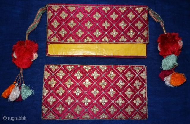 Jain Book Cover with cotton and Silk Tassels,Silver(Real) And gold(Real)gilt embroidery on the Gajji-Silk,.From Kutch,Gujarat. India.C.1900.Its size is 14X26cm,Inside Embroidered Broad size is 13cmX26cm(DSC02411 New).        