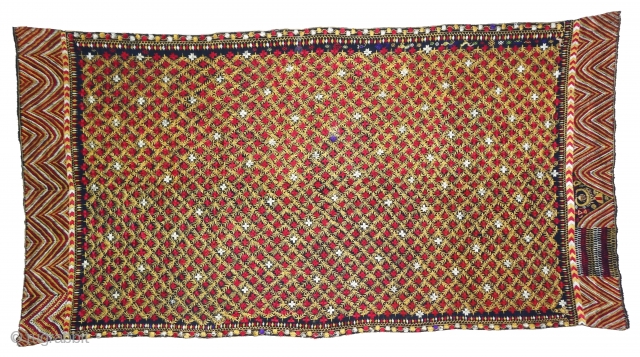 Indigo-Colour Phulkari From East(India)Punjab Region of India. India.Silk on Indigo Dyed Hand Spun Cotton ground.Showing the Rare Influence of Jewelry Figure Dancing Peacock and Birds.C.1900.Its size is 124cmX245cm(DSC05632).
     