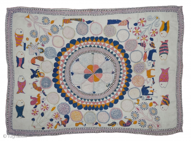 Kantha Quilted and embroidered cotton Kantha Probably From Midnapore District, West Bengal (India)region. India.C.1900. Its size is 62cmX86cm(DSC05667).               
