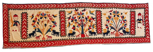 Wall Hanging(Tent Decoration) Applique work from the Kathi Darbar Community of Saurashtra Gujarat. India.C.1900.Cotton with cotton  Applique work.Its size is 130cmX450cm(20200408_154430).               