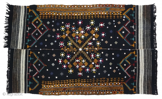 Embroidered woolen wedding shawl (Odhani )from the Thar Desert region of Jaisalmer district of Rajasthan, India.The background cloth is two parts of Black handloomed wool cloth (Probably camel wool) that have been  ...