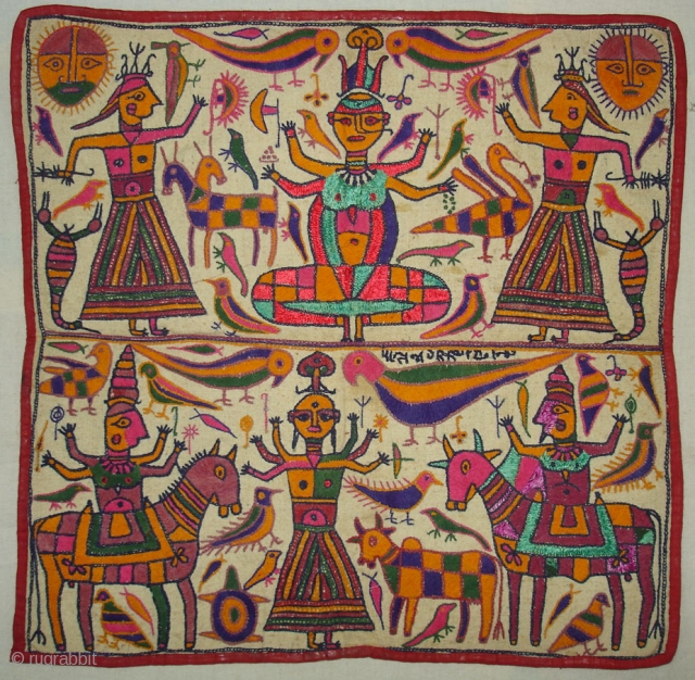 Ganesh Sthapana Wallhanging.its an Embroidered shrine Cloth Used on Special occasions by the kanbi farming caste of Saurashtra Gujarat India.Its one of the Earliest and very rare Ganesh Sthapana.Its size is 50cm  ...