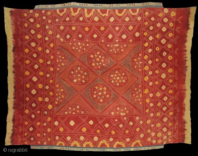 Single Bandh Tie and Dye Odhani From Shekhawati District of Rajasthan. India.Its Very rare Single Bandh Tie and Dye Odhani. Natural Colours On the Khadi Cotton.C.1900.Its size is 145CmX200cm(DSC04960 New).   