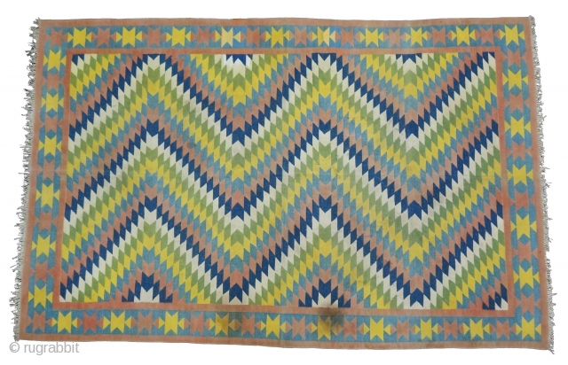 Satrangi-Shatranji (Seven-Colours),Jail Dhurrie(Cotton)Blue And Multi Colour Lahariya Weave Design Dhurrie with Star Design in the Border.From Bikaner, Rajasthan. India.C.1900.Its size is 132X205cm. Condition is very good(DSC05832).
       