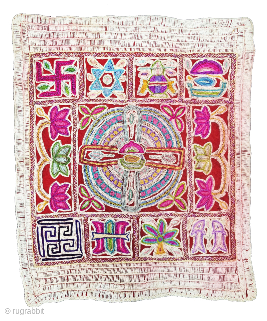 A Rare Jain Shrine Cloth – Ashtamangal
Exquisitely embroidered in Mochi Bharat chain stitch, this sacred textile represents the revered Ashtamangal (Eight Auspicious Symbols) central to Jain ritual practice.

Worked in fine silk thread  ...