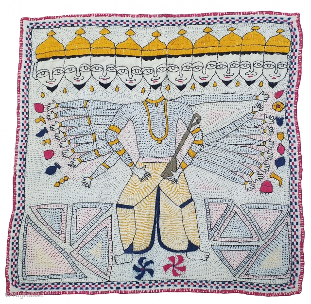 Ravan Kantha Quilted and embroidered cotton Kantha Probably from West Bengal region of India, India.C.1900. Its size is 40cmX41cm(20200502_160625).


              
