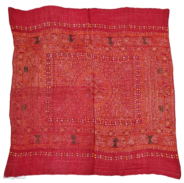 An Very Rare Ceremonial Tie and Dye Odhani (Dupatta). Tie and Dye Work on the Muslin Cotton with natural Dyes. From the Jamnagar  Region of Gujarat, India. This name stems from ‘Raas’, which  ...