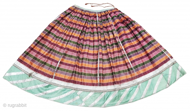 An very Rare Ikat Mashru Ghaghra Skirt , With Real silver Gota patti lace work on it.This Mashru weaving was done in the Deccan Region,Probably Hyderabad South India, Its Multi colour Lehariya Wave  ...