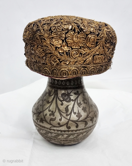 Parsi Topi (Hat) Zardozi Embroidered on Silk, With Real Silver Thread with Gold Polish, From Surat Gujarat India.
India. India.

Early19th Century (20230513_155042).            