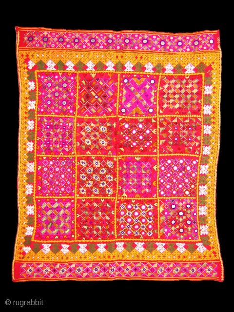 Dowry cloth,Mahar group,From Jaisalmer District of Rajasthan.India.Cotton embroidered with silk and cotton with mirrors.Its size is 75cmX86cm(DSC01450 New).               