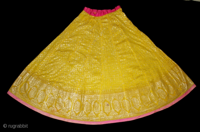 Ghaghra (Skirt) From Rajasthan, India. Made of Silver Tinsel on Yellow Malmal Cloth.This were traditionally used mainly by Rajput family of Rajasthan.Its size is L-88cm Around-270cm(DSC05147 New).      