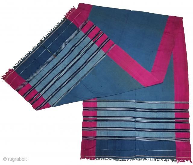 A Very Large Waziri Shawl (Indigo Blue Colour) for Man From Waziristan, Pakistan. India.C.1900.Natural Dye with check design with Hand Woven Cotton and silk ends,with silk end borders.Its size is 150cmX475cm.C.1900.Very nice  ...